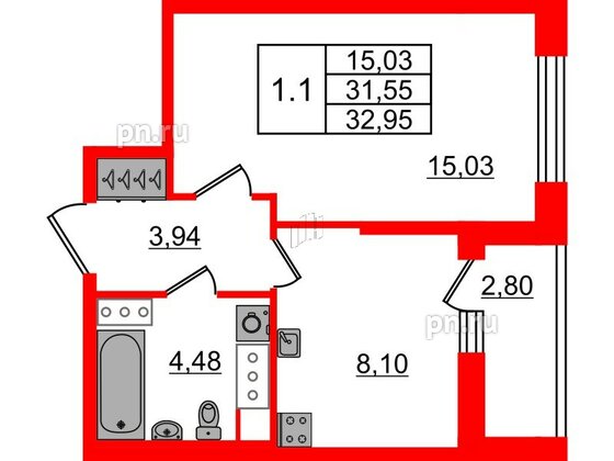 Квартира в ЖК «Город звёзд», 1 комнатная, 31.55 м², 5 этаж