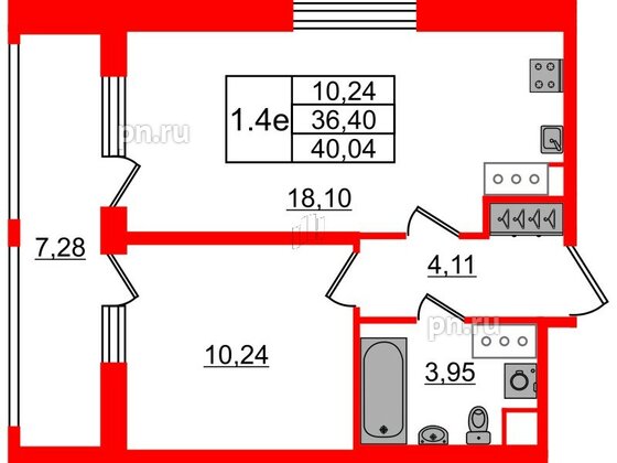 Квартира в ЖК «Город звёзд», 1 комнатная, 36.4 м², 15 этаж