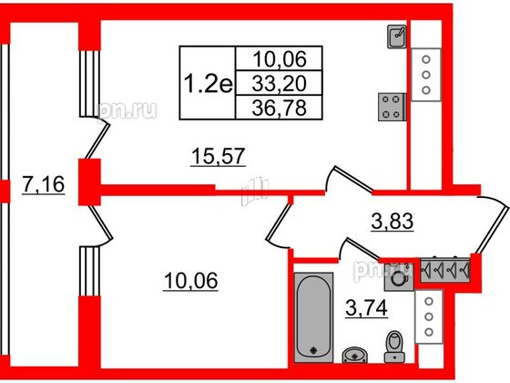 Квартира в ЖК «Город звёзд», 1 комнатная, 33.2 м², 3 этаж