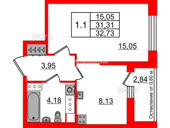 Квартира в ЖК «Город звёзд», 1 комнатная, 31.31 м², 23 этаж