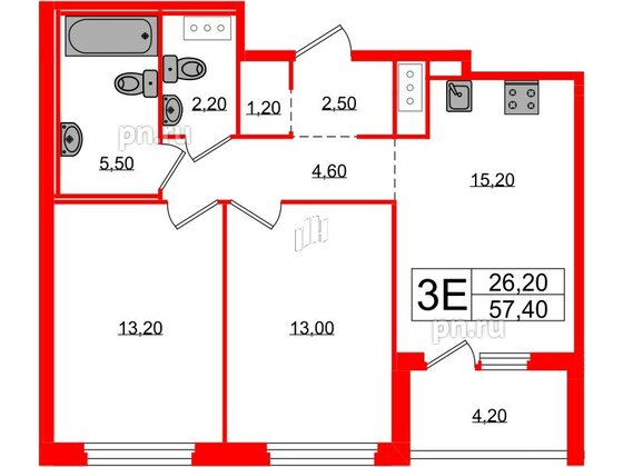 Квартира в ЖК «Литера», 2 комнатная, 57.4 м², 6 этаж