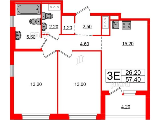 Квартира в ЖК «Литера», 2 комнатная, 57.4 м², 12 этаж