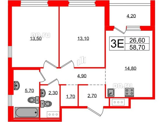 Квартира в ЖК «Литера», 2 комнатная, 58.7 м², 10 этаж