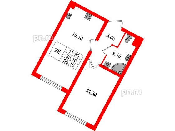 Квартира в ЖК «Ручьи–2», 1 комнатная, 35.1 м², 1 этаж