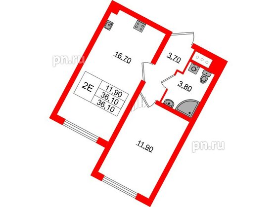 Квартира в ЖК «Ручьи–2», 1 комнатная, 36.1 м², 6 этаж