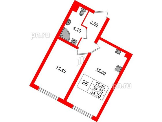 Квартира в ЖК «Ручьи–2», 1 комнатная, 34.7 м², 1 этаж