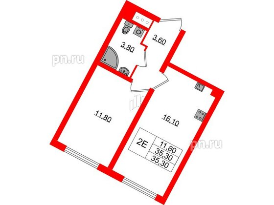 Квартира в ЖК «Ручьи–2», 1 комнатная, 35.3 м², 8 этаж