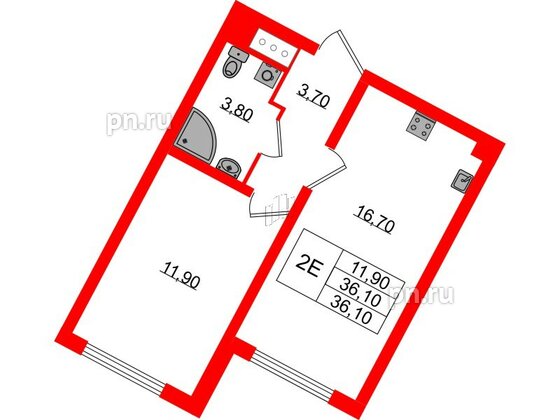 Квартира в ЖК «Ручьи–2», 1 комнатная, 36.1 м², 6 этаж