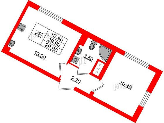 Квартира в ЖК «Ручьи–2», 1 комнатная, 29.9 м², 6 этаж