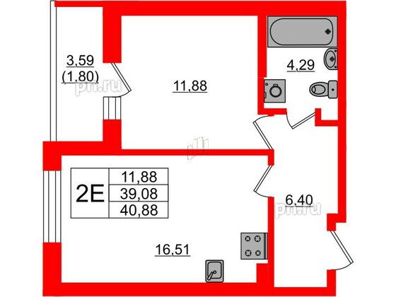 Квартира в ЖК «БФА в Озерках», 1 комнатная, 40.88 м², 1 этаж