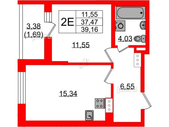 Квартира в ЖК «БФА в Озерках», 1 комнатная, 39.16 м², 2 этаж