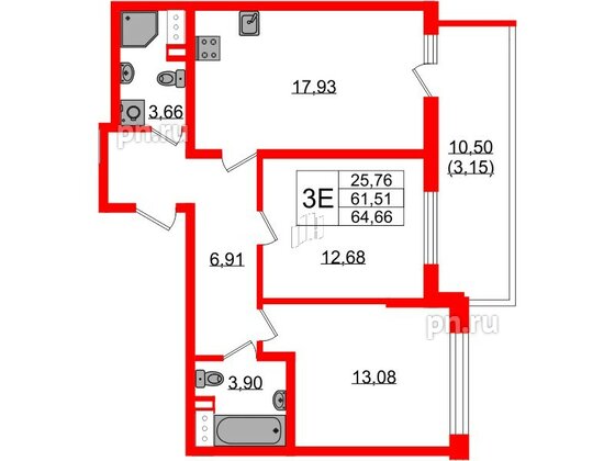 Квартира в ЖК «БФА в Озерках», 2 комнатная, 64.66 м², 2 этаж