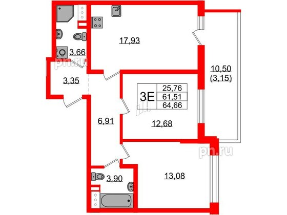 Квартира в ЖК «БФА в Озерках», 2 комнатная, 64.66 м², 6 этаж