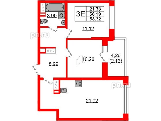 Квартира в ЖК «БФА в Озерках», 2 комнатная, 58.32 м², 6 этаж