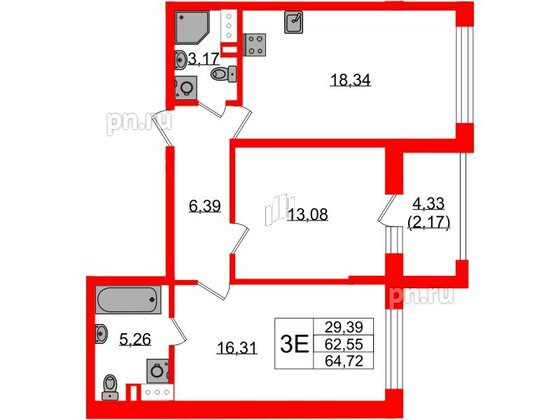 Квартира в ЖК «БФА в Озерках», 2 комнатная, 64.72 м², 2 этаж