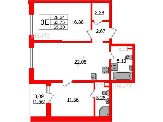 Квартира в ЖК «БФА в Озерках», 2 комнатная, 65.3 м², 2 этаж