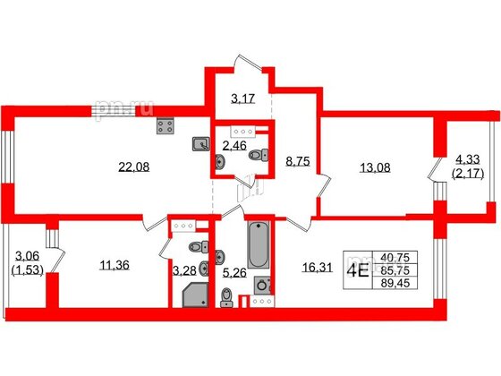 Квартира в ЖК «БФА в Озерках», 3 комнатная, 89.45 м², 6 этаж