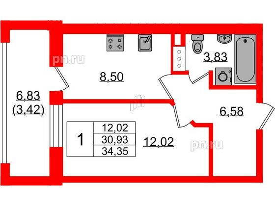 Квартира в ЖК «БФА в Озерках», 1 комнатная, 34.35 м², 2 этаж