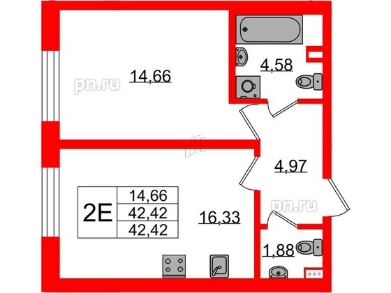 Квартира в ЖК «БФА в Озерках», 1 комнатная, 42.42 м², 1 этаж