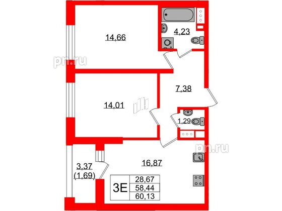 Квартира в ЖК «БФА в Озерках», 2 комнатная, 60.13 м², 5 этаж