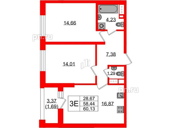 Квартира в ЖК «БФА в Озерках», 2 комнатная, 60.13 м², 6 этаж