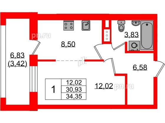 Квартира в ЖК «БФА в Озерках», 1 комнатная, 34.35 м², 4 этаж