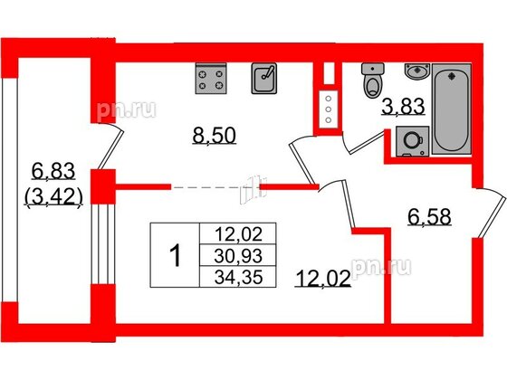 Квартира в ЖК «БФА в Озерках», 1 комнатная, 34.35 м², 5 этаж