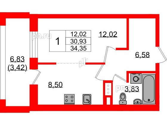 Квартира в ЖК «БФА в Озерках», 1 комнатная, 34.35 м², 2 этаж