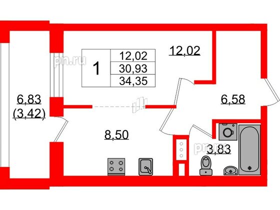 Квартира в ЖК «БФА в Озерках», 1 комнатная, 34.35 м², 6 этаж