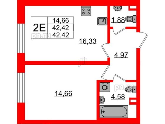 Квартира в ЖК «БФА в Озерках», 1 комнатная, 42.42 м², 1 этаж