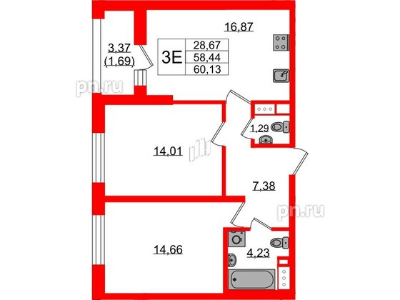 Квартира в ЖК «БФА в Озерках», 2 комнатная, 60.13 м², 3 этаж