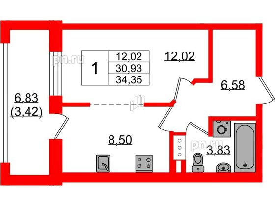 Квартира в ЖК «БФА в Озерках», 1 комнатная, 34.35 м², 2 этаж