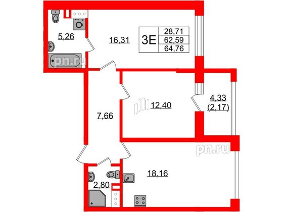 Квартира в ЖК «БФА в Озерках», 2 комнатная, 64.76 м², 2 этаж