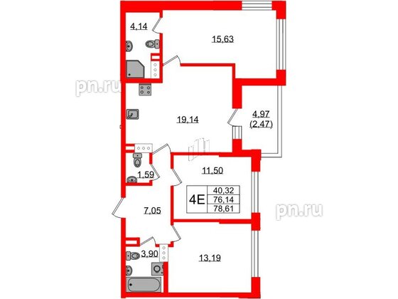 Квартира в ЖК «БФА в Озерках», 3 комнатная, 78.61 м², 7 этаж