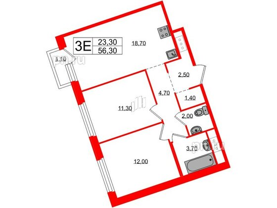 Квартира в ЖК «Литера», 2 комнатная, 56.3 м², 8 этаж