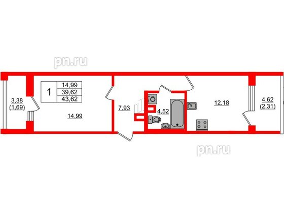 Квартира в ЖК «БФА в Озерках», 1 комнатная, 43.62 м², 1 этаж