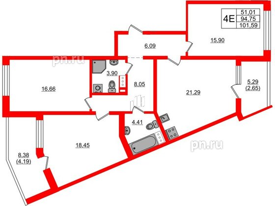 Квартира в ЖК «БФА в Озерках», 3 комнатная, 101.59 м², 2 этаж