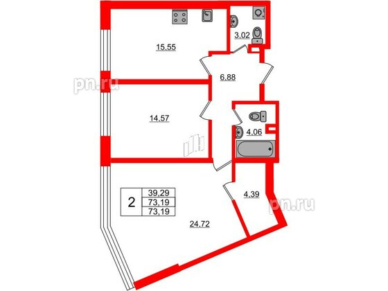 Квартира в ЖК «БФА в Озерках», 2 комнатная, 73.19 м², 1 этаж