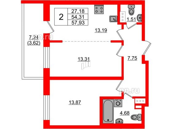 Квартира в ЖК «БФА в Озерках», 2 комнатная, 57.93 м², 2 этаж