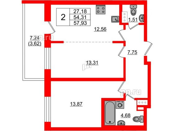 Квартира в ЖК «БФА в Озерках», 2 комнатная, 57.93 м², 6 этаж