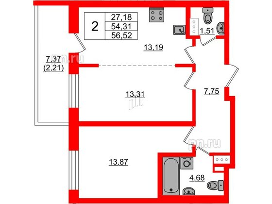 Квартира в ЖК «БФА в Озерках», 2 комнатная, 56.52 м², 7 этаж