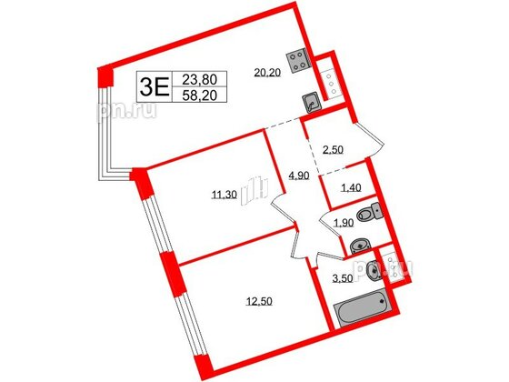 Квартира в ЖК «Литера», 2 комнатная, 58.2 м², 7 этаж