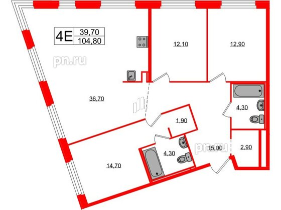 Квартира в ЖК «Литера», 3 комнатная, 104.8 м², 3 этаж