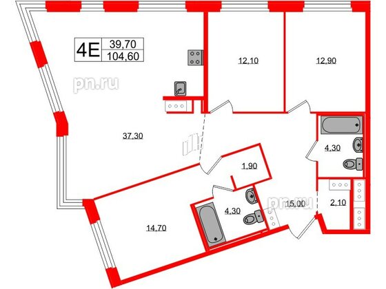 Квартира в ЖК «Литера», 3 комнатная, 104.6 м², 5 этаж