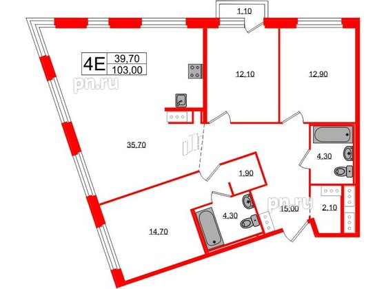 Квартира в ЖК «Литера», 3 комнатная, 103 м², 6 этаж