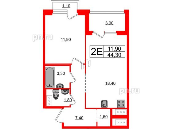 Квартира в ЖК «Литера», 1 комнатная, 44.3 м², 7 этаж