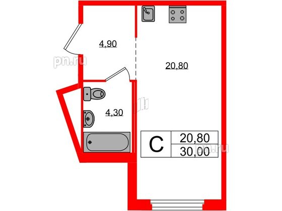 Квартира в ЖК «Литера», студия, 30 м², 4 этаж