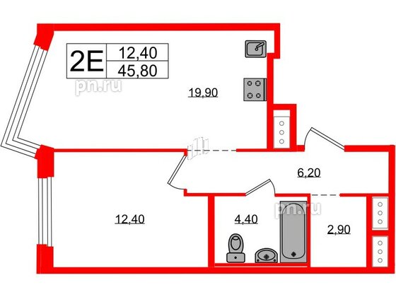 Квартира в ЖК «Литера», 1 комнатная, 45.8 м², 7 этаж