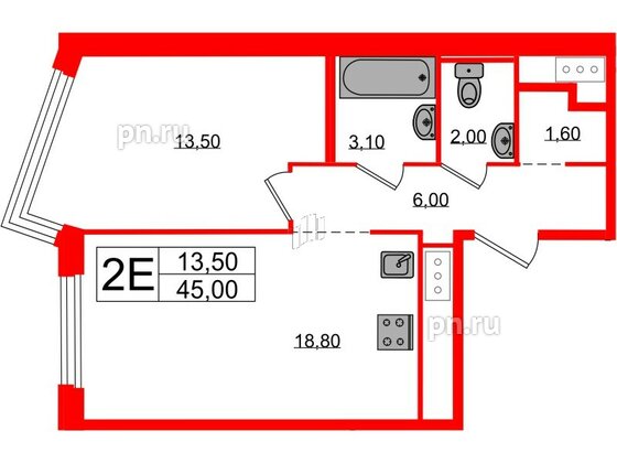 Квартира в ЖК «Литера», 1 комнатная, 45 м², 6 этаж