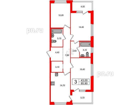 Квартира в ЖК «Литера», 3 комнатная, 85.9 м², 3 этаж